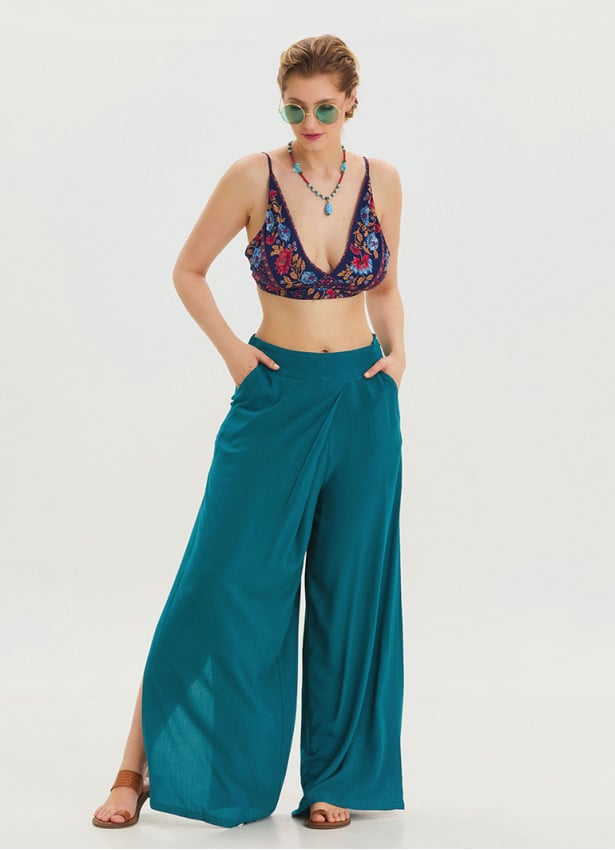 Zipper Detailed Pocket Petrol Women's High Waist Trousers 4640